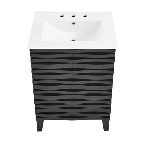 Image of Swiss Madison Cascade 24 in. Black Oak Bathroom Vanity with White, 3-Hole Ceramic Sink Top