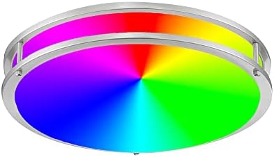 14 inch Round Smart LED Flush Mount Ceiling Light Fixture, 120V, RGBWW, Dimmable, Compatible with Alexa Google Home, Wiz, for Bedroom Living Room Hallway Kitchen, Brushed Nickel, LED1553RGB-BN