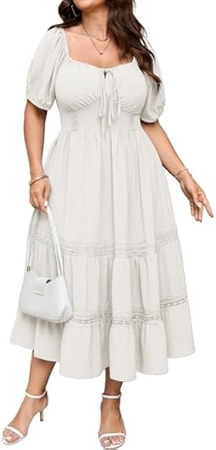 SCOMCHIC Womens Plus Size Maxi Dress Short Sleeve Square Neck Smocked Boho Wedding Guest Lace Trim Tiered A Line Dresses