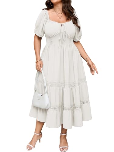 SCOMCHIC Womens Plus Size Maxi Dress Short Sleeve Square Neck Smocked Boho Wedding Guest Lace Trim Tiered A Line Dresses White