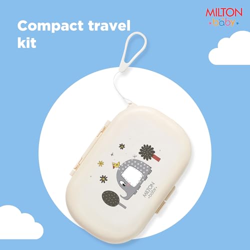 Image of Milton Baby 5-in-1 Travel Bottle Cleaner Kit I Bottle, Nipple & Straw Cleaner I BPA Free - Food Grade Silicone Brush,Compact Soap Dispenser,Drying Rack,Home And Travel Essential, Elephant Print, Cream