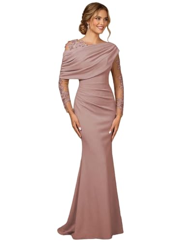 Laces Mermaid Mother of the Bride Dresses for Women Petite Elegant One Shoulder Formal Evening Dress with Ruffles Dusty-Rose