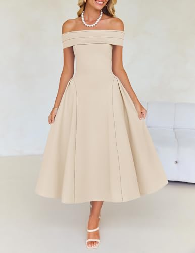 Image of ZESICA Summer 2026 Cocktail Dresses for Women's Off Shoulder Short Sleeve Swing A Line Wedding Evening Party Midi Dress