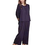 MIVY Schlafanzüge Für Damen,Damen-Pyjama-Sets Aus Baumwolle, 2-Teilig, Lässig, Dunkelblau, Rundhals, Nachtwäsche, Locker, Kuschelig, Kurzärmlig, Caprihose Mit Weitem Bein, Pjs-Set, Sommer-Loungewear