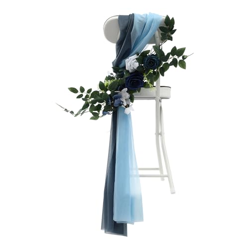 pijopang 6pcs Wedding Chair Decorations, Church Artificial Bench Flowers Aisle Pew Greenery Swags Dusty Artificial Flower for Ceremony Reception Arrangements Party Outdoor (Blue & Navy)