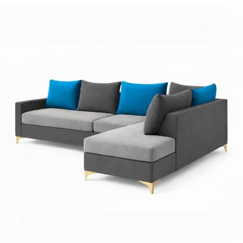 Image of FURNY Gloriss 6 Seater Fabric RHS L Shape Sofa Set with Multi-Color Aqua Blue Cushions (Light Grey-Dark Grey) Premium Velvet Finish with Golden Legs | Ideal for Living Room, Offices