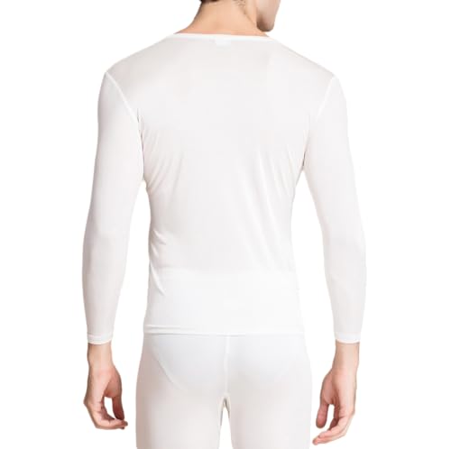 Men Silk Long Johns Shirt Long Sleeves Thermal Underwear Top V Neck Mulberry Silk Base Layer Undershirt Blouse (White,S) - Image 4