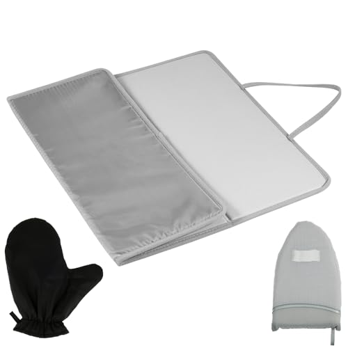 Ironing Mat, Foldable Iron Pad with Heat Resistant Glove and Hand, Portable Tabletop Ironing Boards, Thick Iron Mat for Steam Pressing on Tabletop & Beds, Business & Travel, 14x20 Inch (Triple Fold)