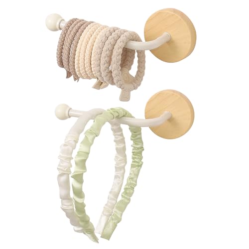 SCUNDA Headband Holder Stand Adhesive Scrunchie Organizer Rack - Wall Mounted for Bathroom Vanity Dresser Wood & Metal Design for Hair Accessories Storage (White)