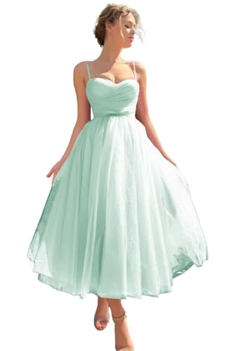 Image of A line Ruched Tulle Prom Dress Spaghetti Straps for Women, Tea Length Sweetheart Homecoming Dress Cocktail Dress