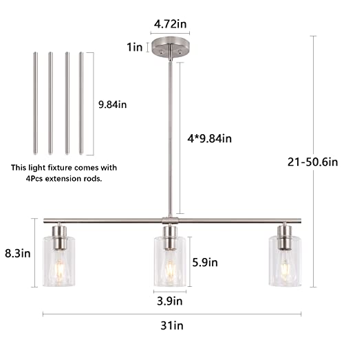 Image of 3-Light Brushed Nickel Kitchen Island Lighting Clear Glass Pendant Light