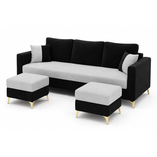 Image of Classiq Rich 5 Seater L Shape Sofa Set with 2 Movable Ottomans | Flexible Layout | Rich Velvet Suede Fabric | Silver Legs | Dual Tone Modern Sofa for Living Room (Black-Light Grey)