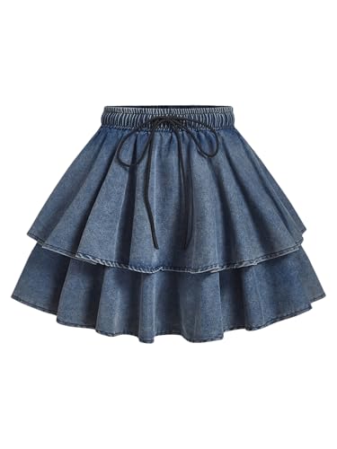 MakeMeChic Women's Denim Skirt Elastic Waist Tie Front Ruffle Tiered Y2K Skirts