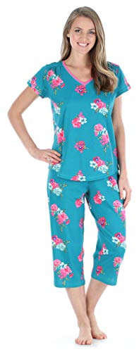 Sleepyheads Women's Cotton Short Sleeve V-Neck Top and Capri Pajama Set, Capri Set - Blue Floral, Large