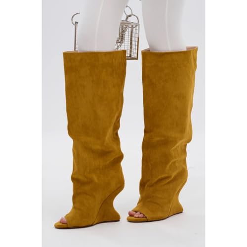 Kluolandi Women's Wedge Heel Knee High Boots Sexy Peep Toe Slouchy Suede Boots Wide Calf Tall Knee High Boots for Women4