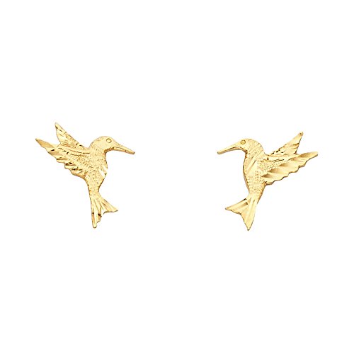 Solid 14k Yellow Gold Hummingbird Stud Earrings Bird Studs Diamond Cut Polished Design 12 x 11 mm