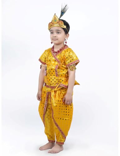 Image of BookMyCostume Shri Krishna Kanha Kanhaiya Polka Dots Kids Fancy Dress Costume 10 Pcs Set with Accessories 14-16 Years /Adult S,Golden /Yellow,Polyester