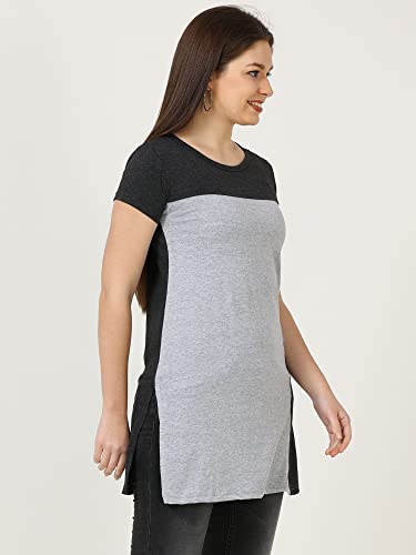 Image of FLEXIMAA Women's Cotton Round Neck Color Block Half Sleeve Long Top