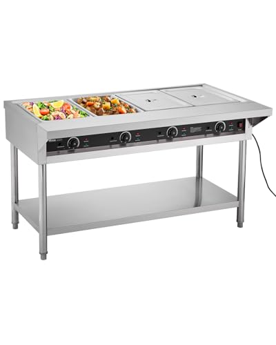 VEVOR 4-Pan Commercial Food Warmer, Electric Steam Table with Independent Temperature Control, 450W x 4 Stainless Steel Buffet Catering Food Warmer with Undershelf and Workspace, for Restaurant