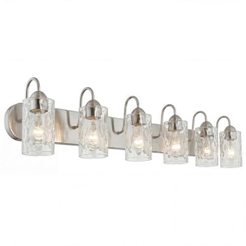 Image of Kira Home Armada II 48 inch 6-Light Modern Over Mirror Vanity /Bathroom Light, Hammered Glass Shades, Traditional Curved Arms, Brushed Nickel Finish, Pack of 2