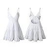 ECOWISH Womens V-Neck Spaghetti Strap Bowknot Backless Sleeveless Lace Mini Swing Skater Dress White Small