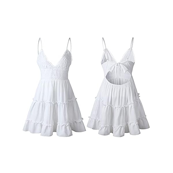 ECOWISH Womens V-Neck Spaghetti Strap Bowknot Backless Sleeveless Lace Mini Swing Skater Dress White Small