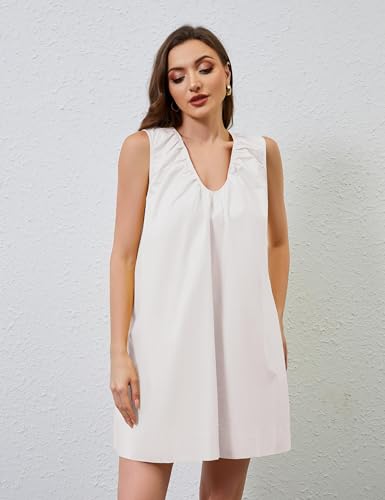 Image of Women Summer Sleeveless Babydoll Mini Dress Scoop Neck Loose Fit Tank Dresses Party Ruched Short Dress with Pockets