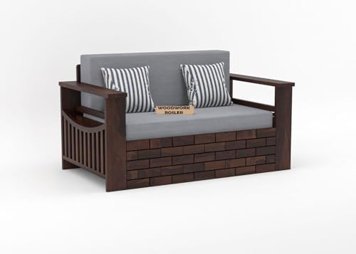 Image of Solid Sheesham Wooden Sofa Cums Bed with Mattresses for Living Room | Rosewood 2 Seater Sofa Cums Bed for Bedroom Without Pillow (B-Walnut Finish)