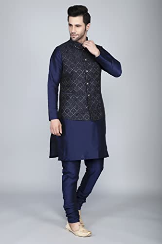 Ethluxis® Men's Silk Blend Kurta Churidar Pyjama with Ethnic Bundi Jacket Set