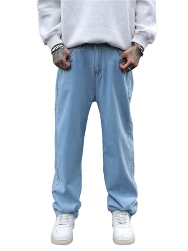 Hndudnff Men's Casual Wide Leg Baggy Jeans Loose Cotton Washed Elastic Waist Straight Denim Pants