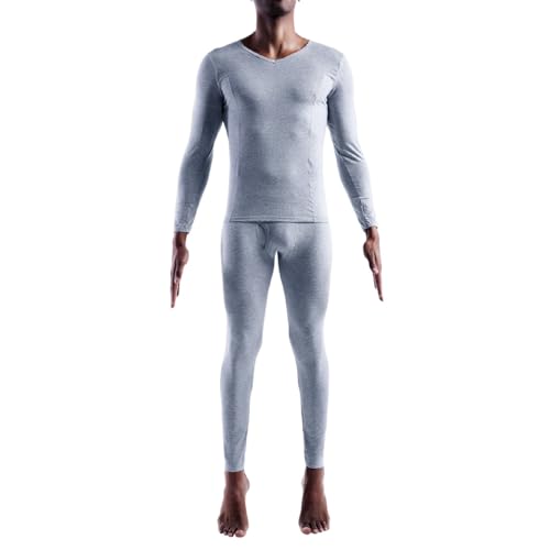 Generisch Conjunto de ropa interior térmica de invierno para hombre, largo, cómodo, algodón, jersey, cuello en V, camiseta básica de corte estrecho, gris, XL