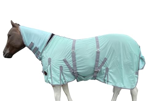 Image of Heavy Duty Horse Fly Sheet with Neck and Detachable Belly Band | Summer Sheet (80, Pastel-Green-Grey-Trim)