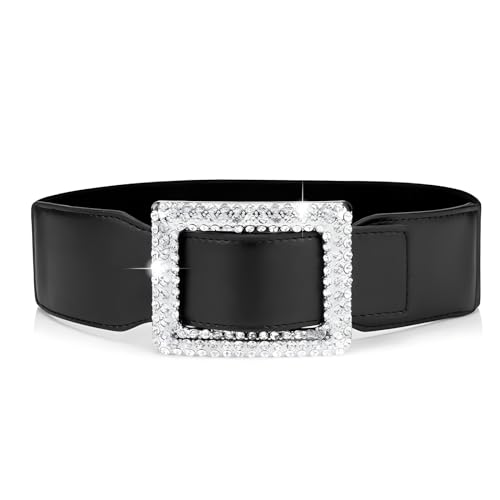 Belts for Women with Big Rhinestone Square Buckle -Wide Elastic Waist Dressy Strentch Waistbands Belt