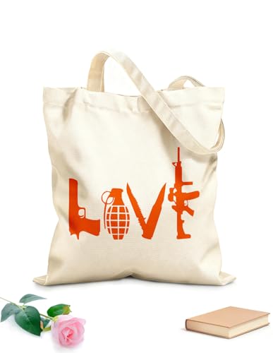 AILOONG Canvas Tote Bag LOVE Shaped Weapons: Pistol, Grenade, Dagger, Rifle 340g/m² thick fabric Replaces school bag