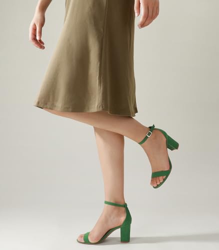 Image of Ankis Green Heels for Women Open Straps on The Ankle Chunky Heels Pump Sandals Evening Dress Party Wedding Strappy Buckle Sandals Standard Size 2.75 Inches Tall Thick Heel Design Latex Insole