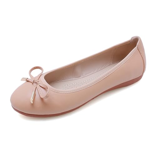 JiangWei Shu Women's Bow Knot Round Toe Soft Ballet Flats Slip On Walking Shoes