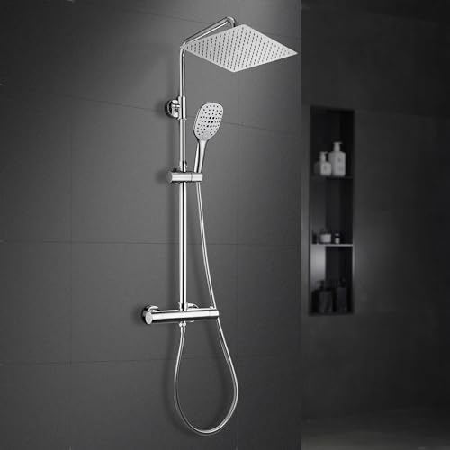 Görbach Colonne de Douche avec Robinetterie Thermostatique Mitigeur Ensemble de Douche en acier inoxydable avec Pommeau de douche Effet Pluie et Douchette (25 * 25cm, Chromée)