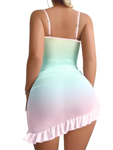 Image of Foxiny Sexy Corset Bodycon Ruffle Sheer Underwire Mesh Lace Floral Outfits Babydoll Lingerie Set Dress with Thong 2 Piece