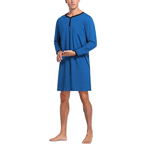 Men's V-Neck Nightshirt Nightwear with Pocket, Long Sleeve Light Weight Cotton Poly Loose Sleep Shirt (Color : Blue, Size : X-Large)4