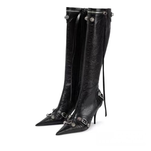 Cuissardes femme talons aiguilles et bout pointu style moto à clous