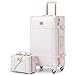 urecity Vintage Luggage Set, 2 Piece Retro Leather Suitcase for Women, Travel Luggage with Spinner Wheels and Beauty Case, Cute Designer Trunk Luggage (Rose White, 24'+12')