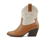 Soda 'BLAZING' ~ Botín de caña alta con tacón bajo y costuras occidentales para mujer, Rubio oscuro/poliuretano hueso, 38.5 EU