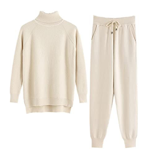 Survêtement en tricot pour femme avec pull col roulé et pantalon carotte abricot