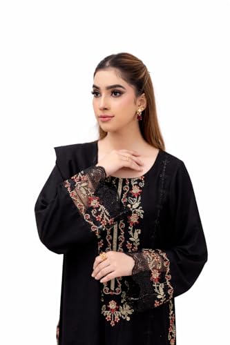 Premium Embroidered Black Karandi 3-Piece Suite - Elegant Floral Threadwork Ready to Wear Formal Outfit, Luxury Winter Collection Stitched Dress for Women