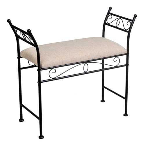 LOLAhome Banqueta Dormitorio Classic de Metal Negro y Tela de Lino de 74 cm