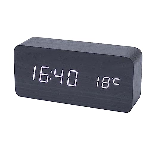 Sarngk Reloj Despertador Digital de Madera, Reloj Despertador LED con Temperatura, Relojes de Escritorio para Oficina, Reloj de Cabecera Negro