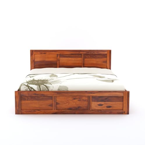 Image of Solid Sheesham Wood Queen Size Bed with Box Storage | Wooden Double Bed Cot Palang Furniture for Bedroom, Living Room, Guestroom and Hotel (Honey Finish)