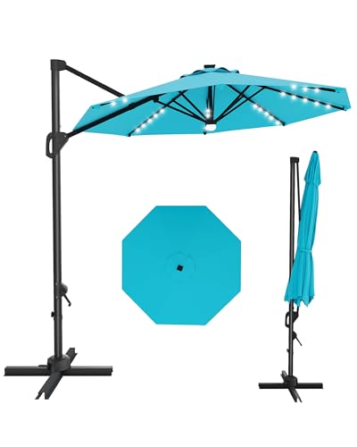10FT Patio Umbrella Outdoor Solar LED Large Cantilever w/Base Included Market Sun Shade Windproof Offset with 360-Degree Rotation for Garden Deck Pool Patio, Turquoise Blue