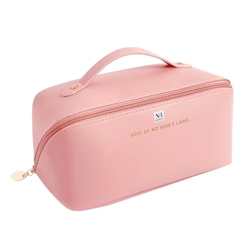 Image of NFI essentials Cosmetic Travel Organizer Bag, Women's Makeup Pouch Toiletry Bag Portable Leather Wide Opening Cosmetics Bag with Handle and Divider