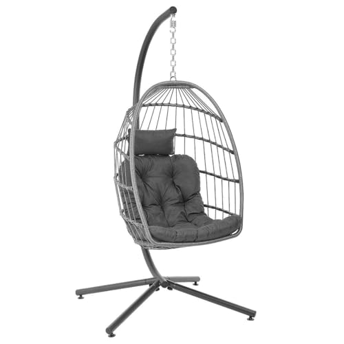 Hanging Egg Chair with Stand Outdoor Indoor Egg Swing Chair with Metal Framed & Cushion Headrest Hammock Chair for Patio Porch Balcony Bedroom Gray